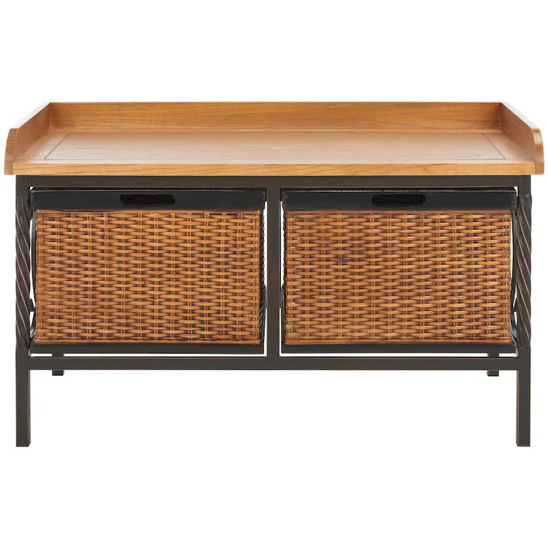 Banc de rangement en étain antique avec paniers en osier et siège en bois de chêne