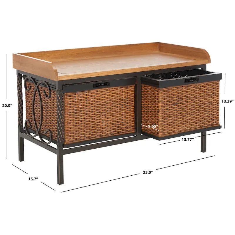 Banc de rangement en étain antique avec paniers en osier et siège en bois de chêne