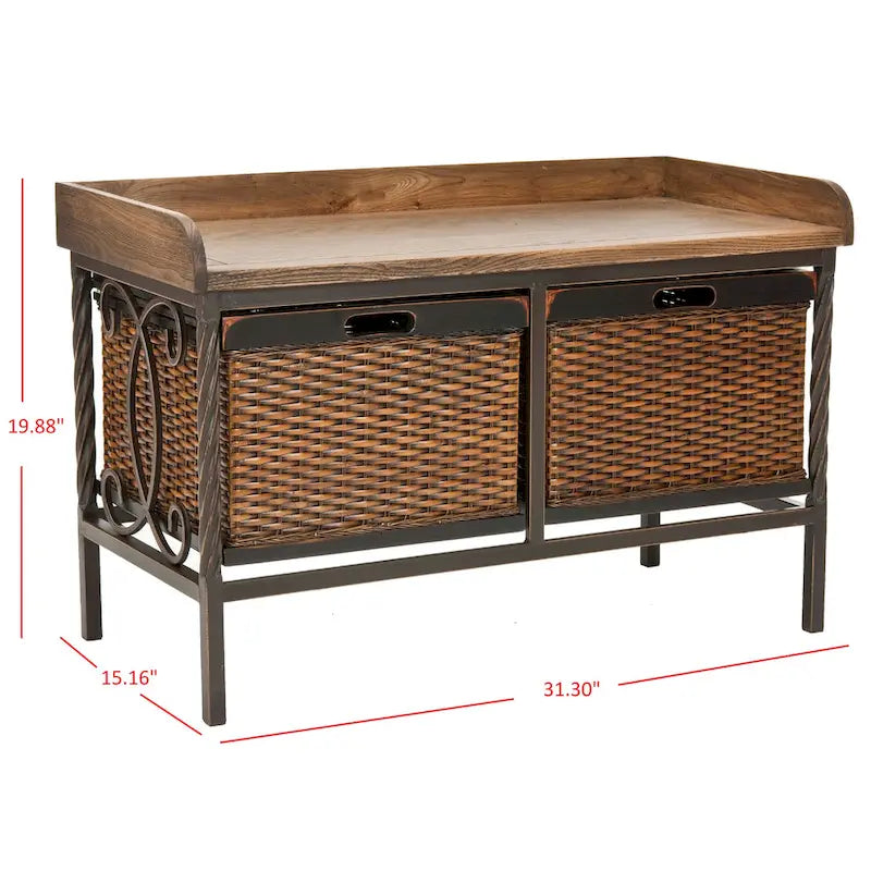 Banc de rangement en étain antique avec paniers en osier et siège en bois de chêne