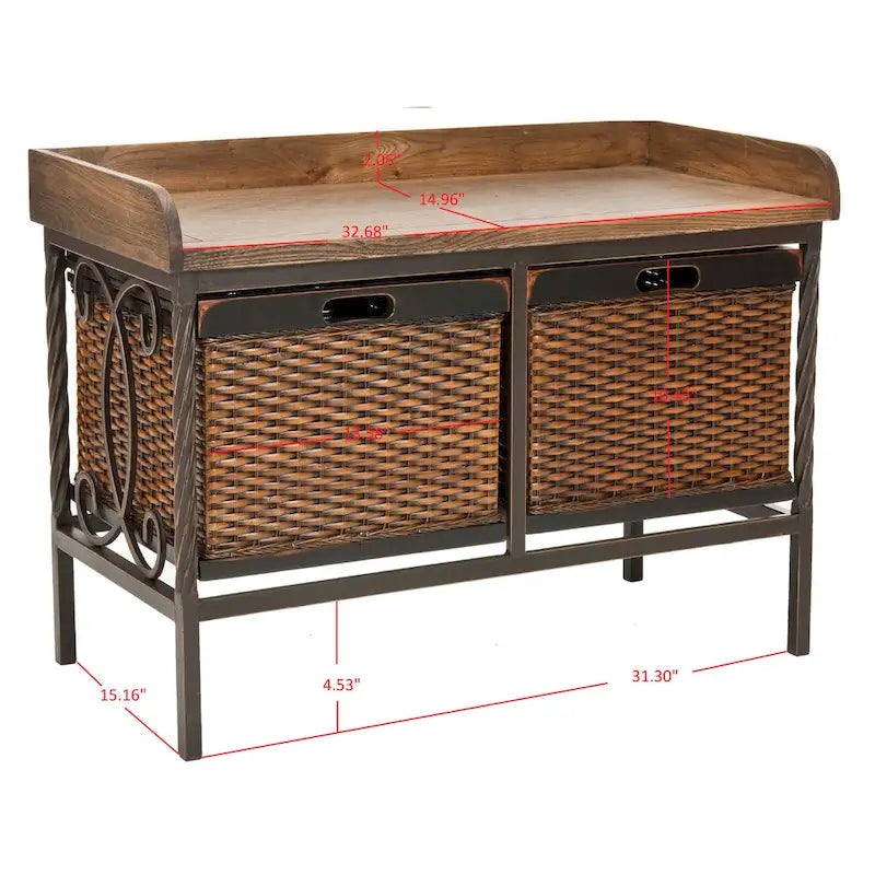 Banc de rangement en étain antique avec paniers en osier et siège en bois de chêne