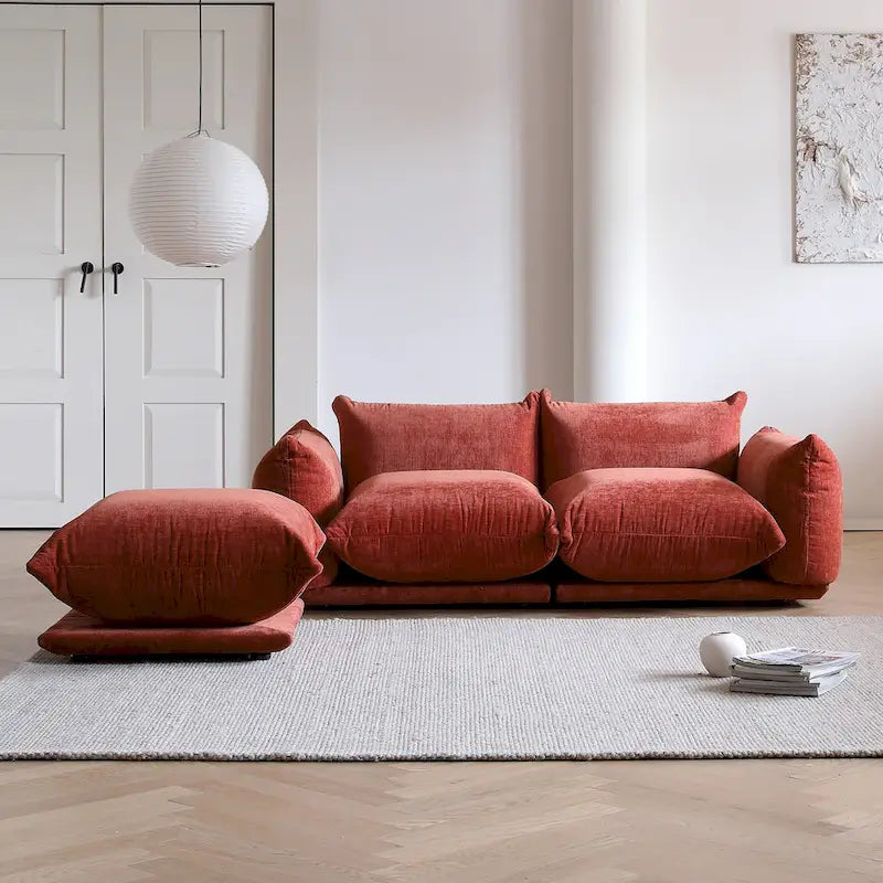 Canapé moderne avec coussins nuages surdimensionnés beige orange vert noir