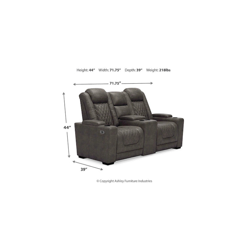 Causeuse inclinable électrique grise avec console porte-gobelets en similicuir surpiqué motif diamant
