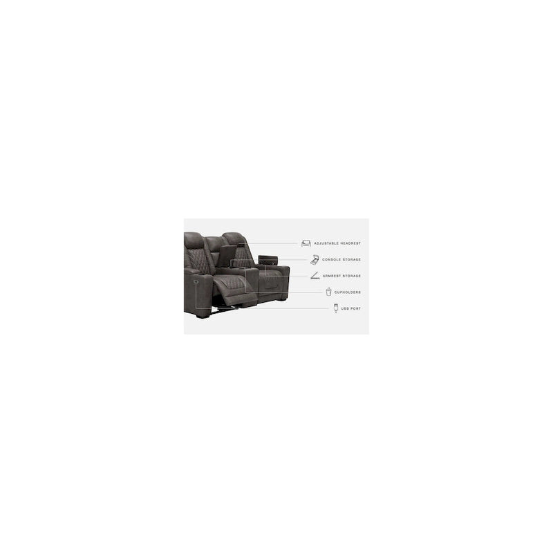 Causeuse inclinable électrique grise avec console porte-gobelets en similicuir surpiqué motif diamant