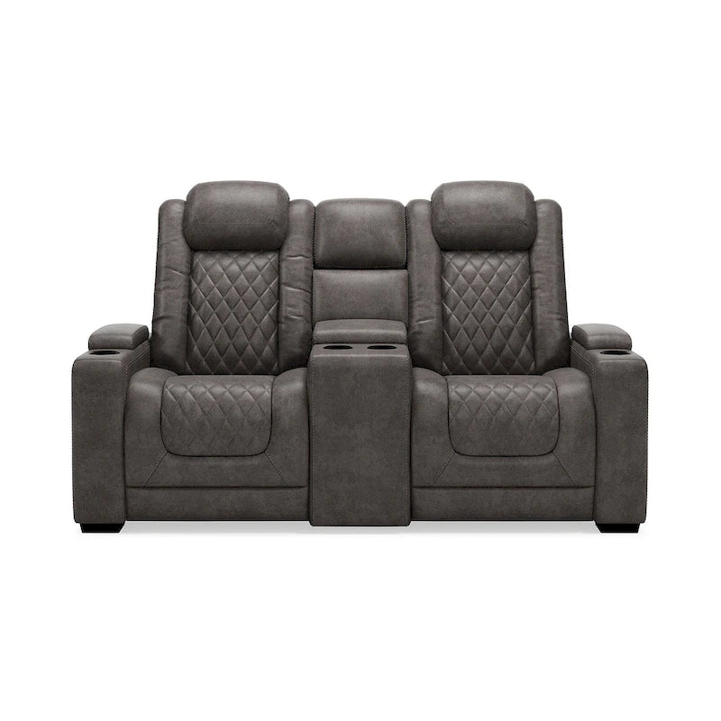 Causeuse inclinable électrique grise avec console porte-gobelets en similicuir surpiqué motif diamant