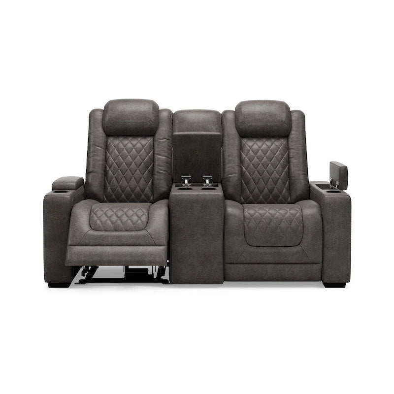 Causeuse inclinable électrique grise avec console porte-gobelets en similicuir surpiqué motif diamant