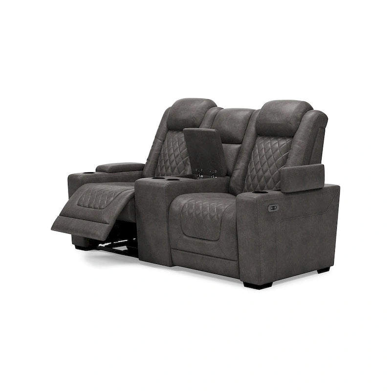 Causeuse inclinable électrique grise avec console porte-gobelets en similicuir surpiqué motif diamant