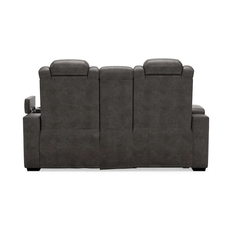 Causeuse inclinable électrique grise avec console porte-gobelets en similicuir surpiqué motif diamant