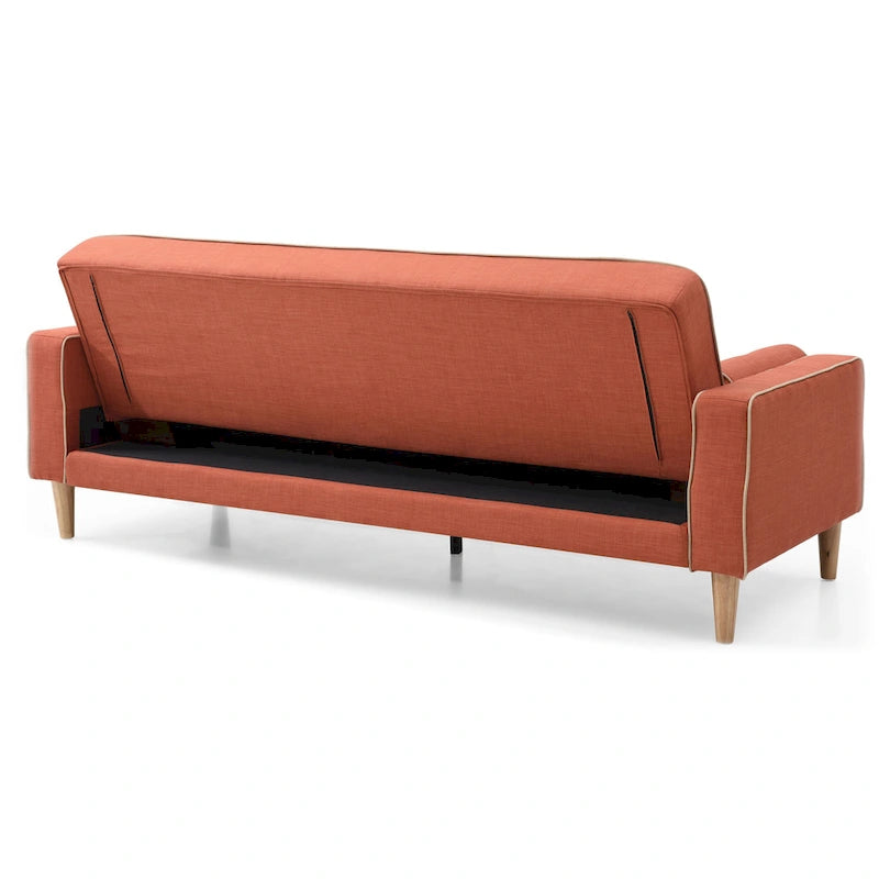 Canapé convertible en tissu capitonné avec pieds en bois et traversins