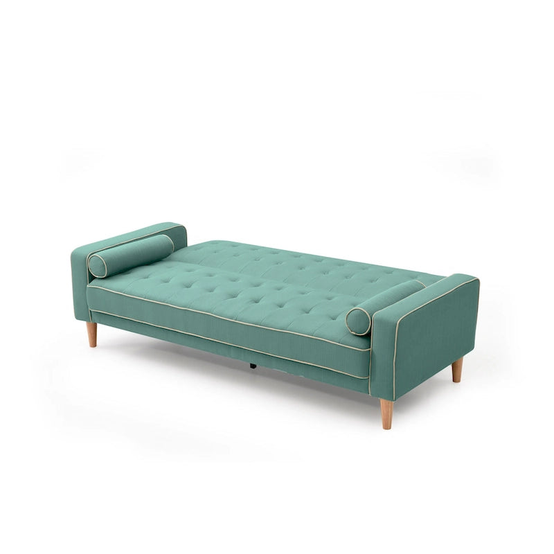 Canapé convertible en tissu capitonné avec pieds en bois et traversins
