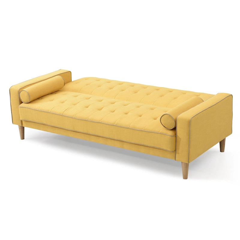 Canapé convertible en tissu capitonné avec pieds en bois et traversins