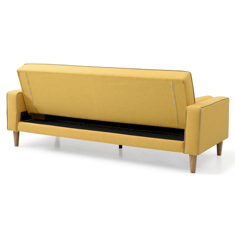 Canapé convertible en tissu capitonné avec pieds en bois et traversins