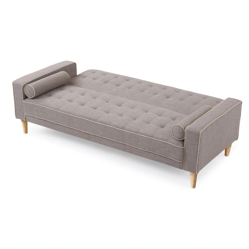 Canapé convertible en tissu capitonné avec pieds en bois et traversins
