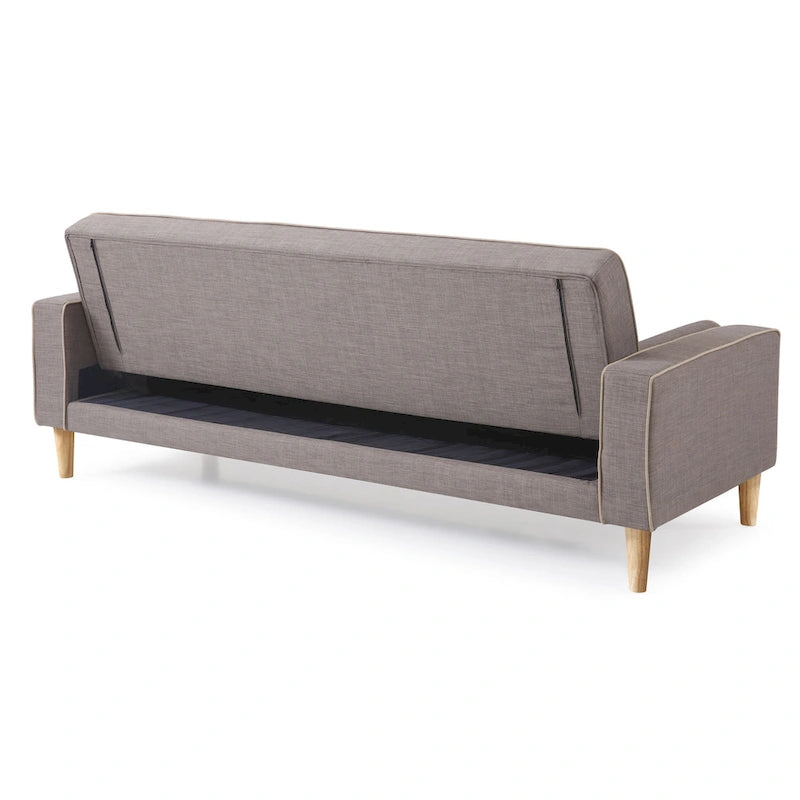 Canapé convertible en tissu capitonné avec pieds en bois et traversins