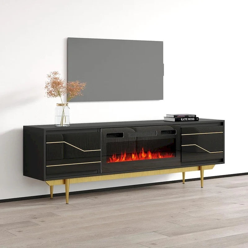 Meuble TV avec cheminée électrique télécommandée Noir Brillant