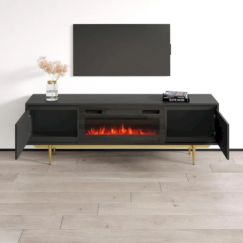 Meuble TV avec cheminée électrique télécommandée Noir Brillant