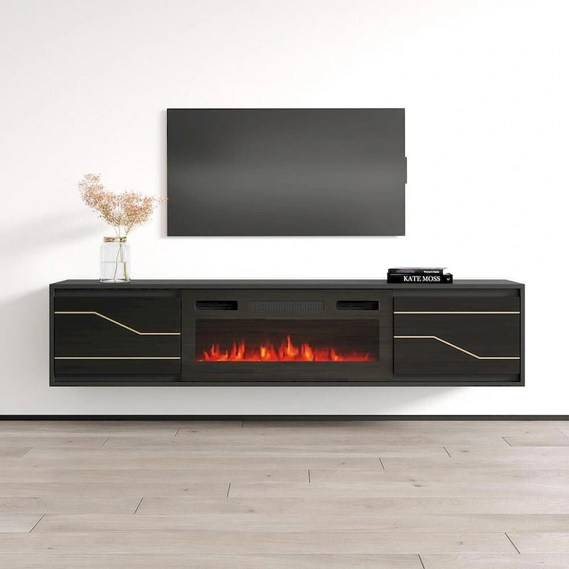 Meuble TV avec cheminée électrique télécommandée Noir Brillant