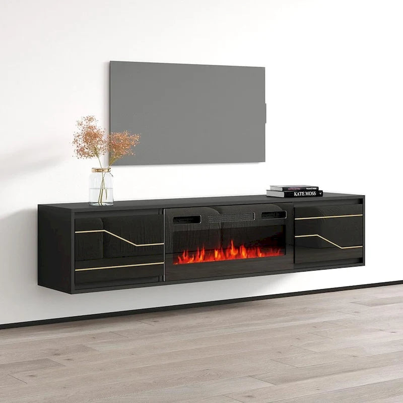 Meuble TV avec cheminée électrique télécommandée Noir Brillant