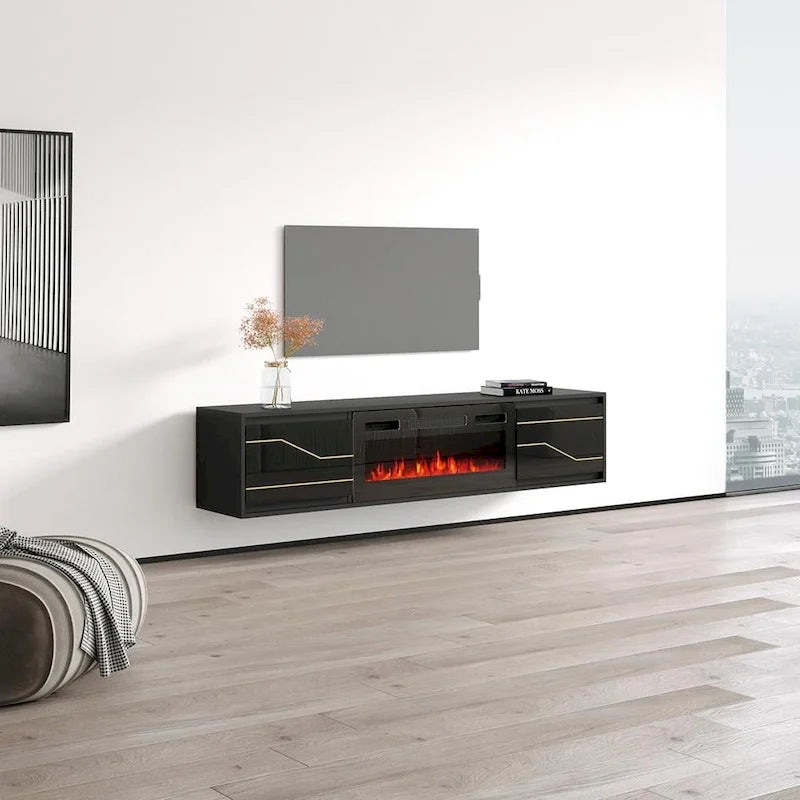 Meuble TV avec cheminée électrique télécommandée Noir Brillant