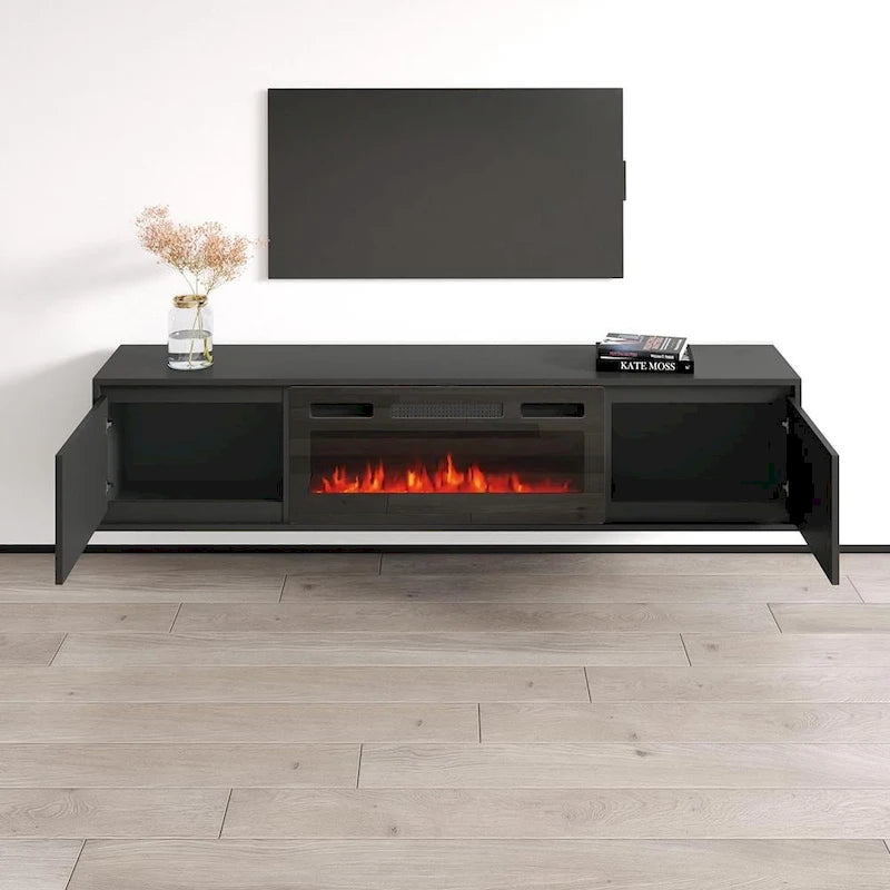 Meuble TV avec cheminée électrique télécommandée Noir Brillant