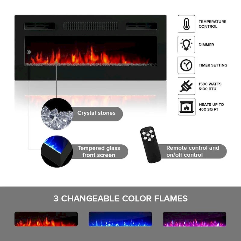 Meuble TV avec cheminée électrique télécommandée Noir Brillant