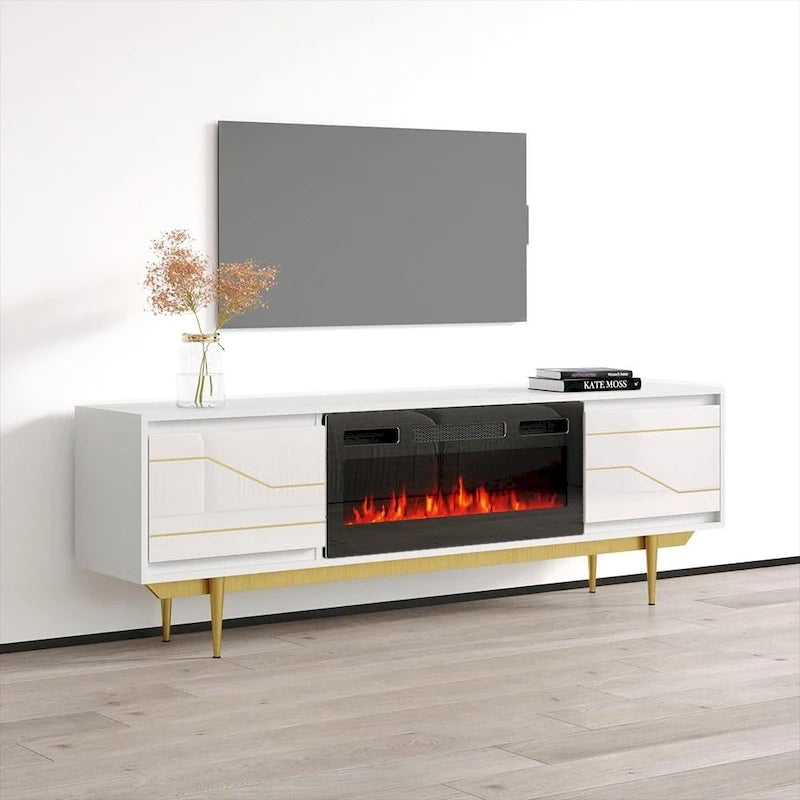 Meuble TV avec cheminée électrique télécommandée Noir Brillant