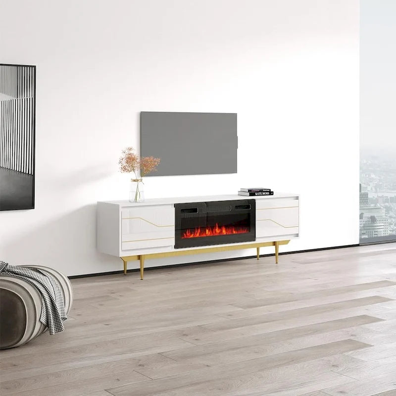 Meuble TV avec cheminée électrique télécommandée Noir Brillant