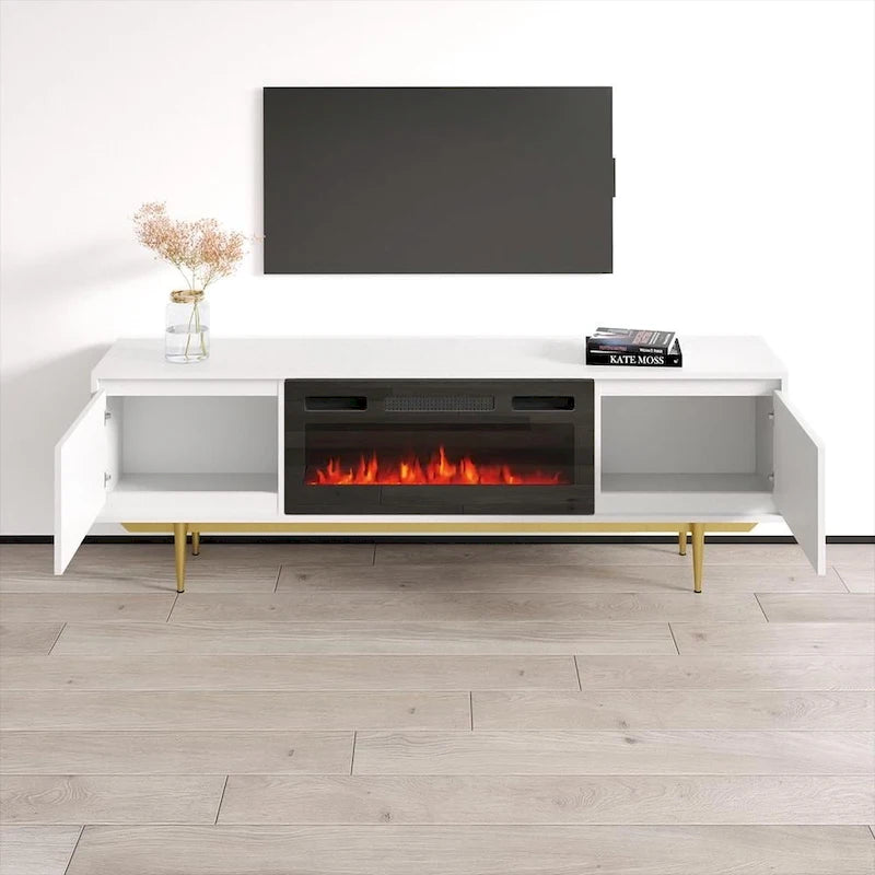 Meuble TV avec cheminée électrique télécommandée Noir Brillant