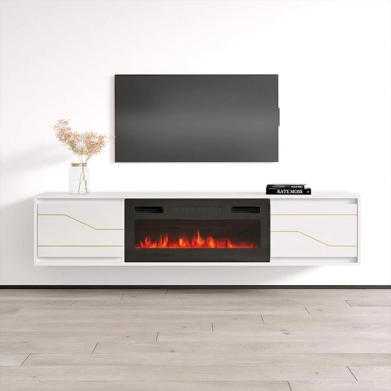 Meuble TV avec cheminée électrique télécommandée Noir Brillant