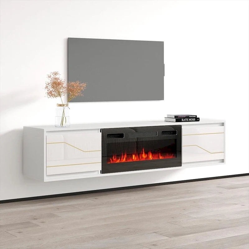 Meuble TV avec cheminée électrique télécommandée Noir Brillant
