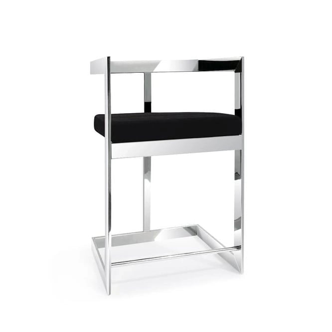 Tabouret de bar moderne en velours noir avec piètement en métal argenté poli