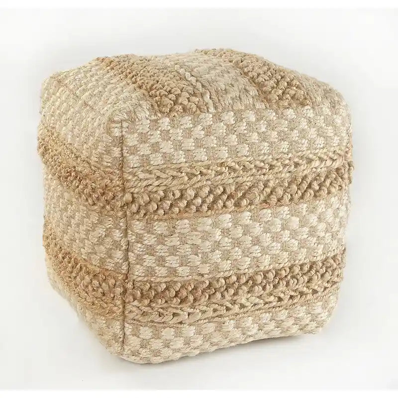 Pouf Cube Damier Jute Naturel Tan Écru Repose-Pieds Ottomane Tissée d'Appoint