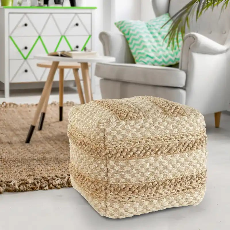 Pouf Cube Damier Jute Naturel Tan Écru Repose-Pieds Ottomane Tissée d'Appoint