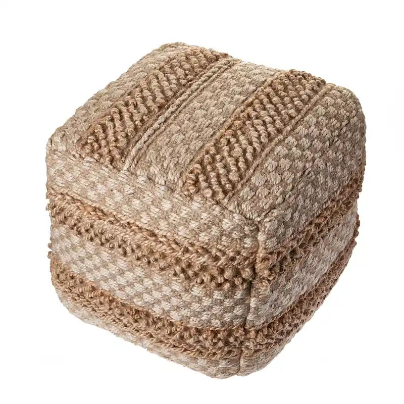 Pouf Cube Damier Jute Naturel Tan Écru Repose-Pieds Ottomane Tissée d'Appoint