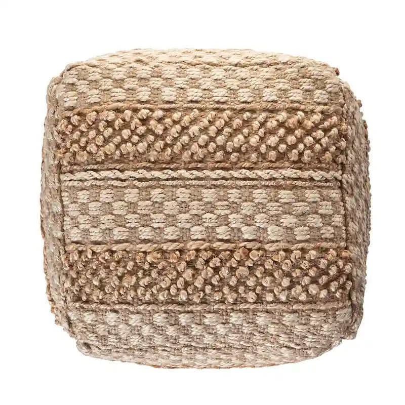 Pouf Cube Damier Jute Naturel Tan Écru Repose-Pieds Ottomane Tissée d'Appoint