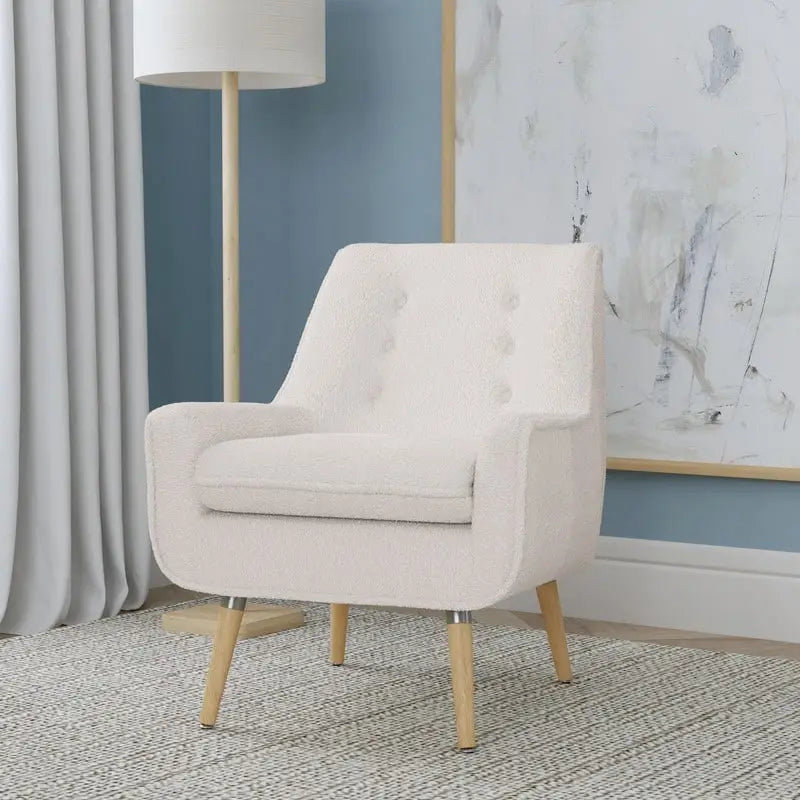 Fauteuil d'appoint en fausse fourrure blanche Sherpa, capitonné, pieds en bois, style moderne du milieu du siècle