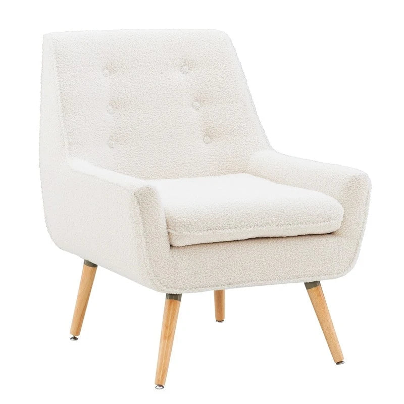 Fauteuil d'appoint en fausse fourrure blanche Sherpa, capitonné, pieds en bois, style moderne du milieu du siècle