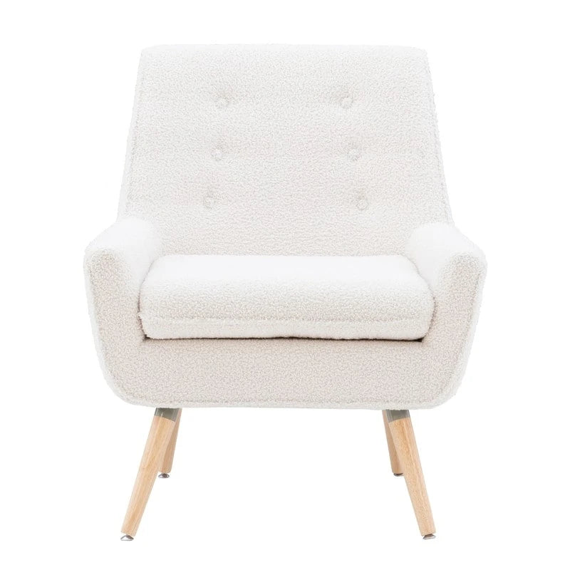 Fauteuil d'appoint en fausse fourrure blanche Sherpa, capitonné, pieds en bois, style moderne du milieu du siècle