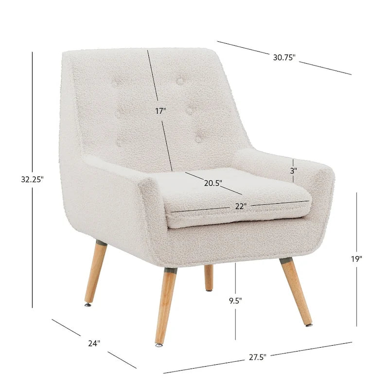 Fauteuil d'appoint en fausse fourrure blanche Sherpa, capitonné, pieds en bois, style moderne du milieu du siècle