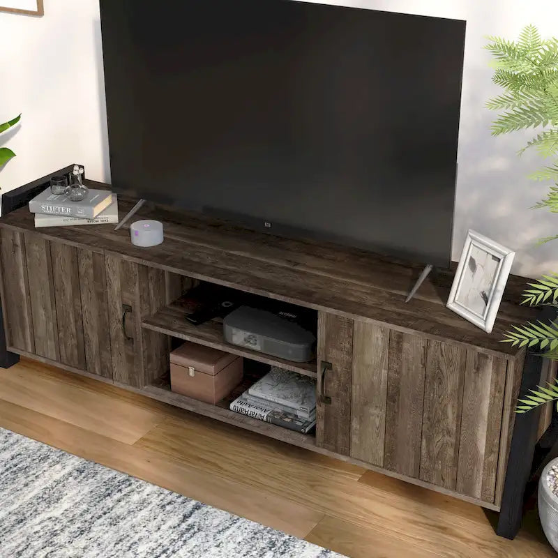 Meuble TV de style ferme industriel en chêne recyclé avec placard et étagères