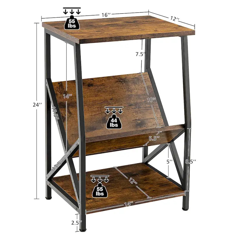 Table d'appoint industrielle rustique marron à 3 niveaux avec étagères de rangement et cadre en acier
