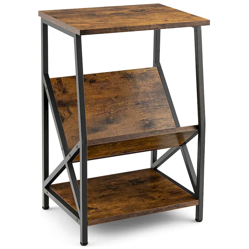 Table d'appoint industrielle rustique marron à 3 niveaux avec étagères de rangement et cadre en acier