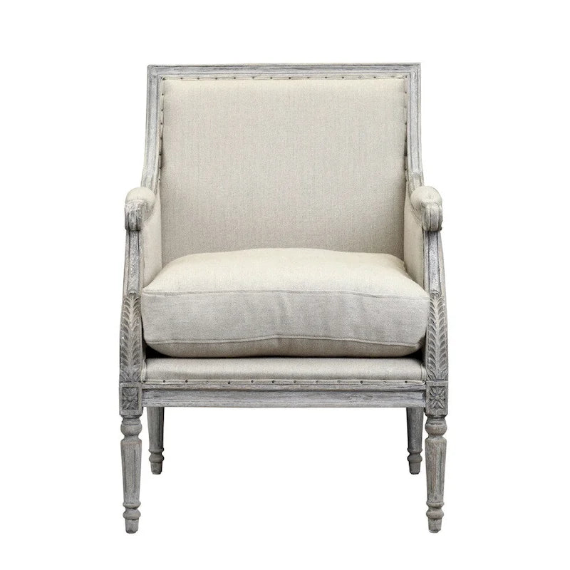 Fauteuil d'appoint de style antique, structure en bois gris, revêtement en lin blanc cassé