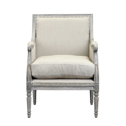 Fauteuil d'appoint de style antique, structure en bois gris, revêtement en lin blanc cassé