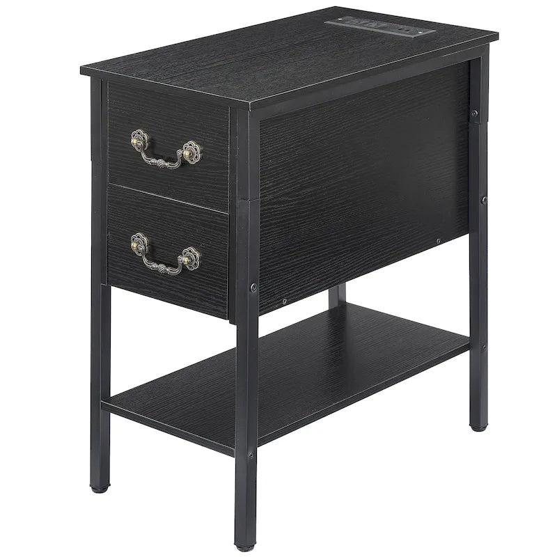 Table de chevet à 2 tiroirs avec station de charge, 2 ports USB, étagère ouverte, noire