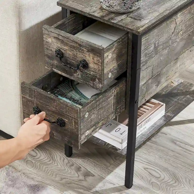 Table de chevet à 2 tiroirs avec station de charge, 2 ports USB, étagère ouverte, noire