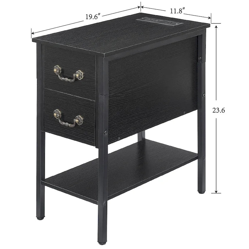 Table de chevet à 2 tiroirs avec station de charge, 2 ports USB, étagère ouverte, noire