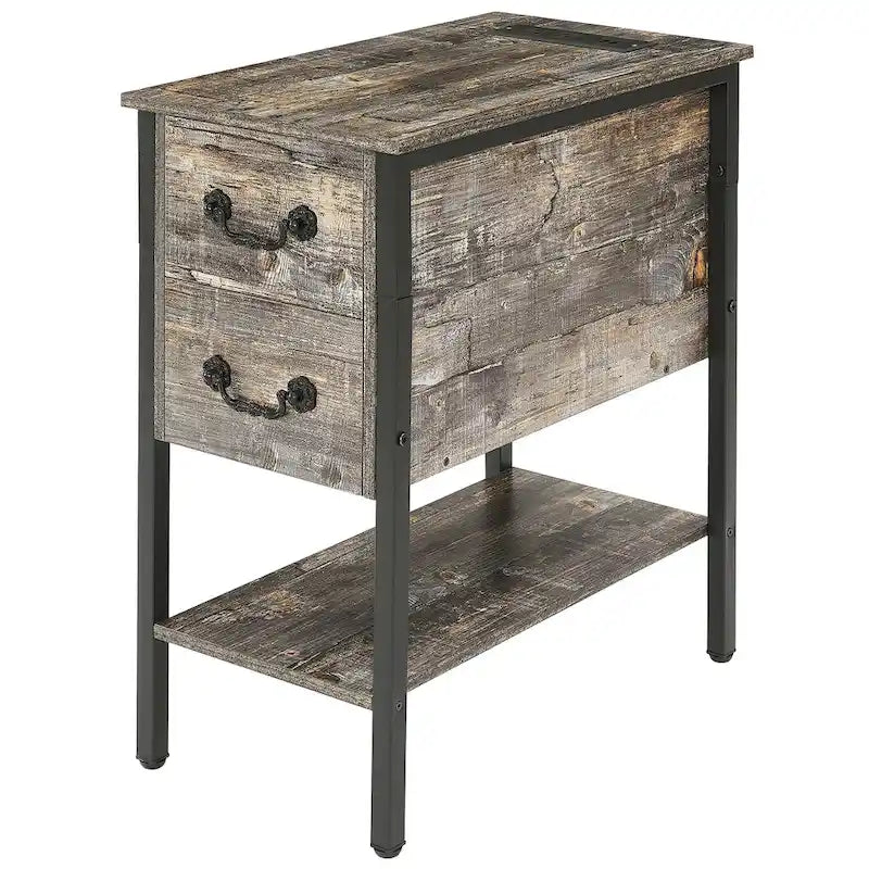 Table de chevet à 2 tiroirs avec station de charge, 2 ports USB, étagère ouverte, noire