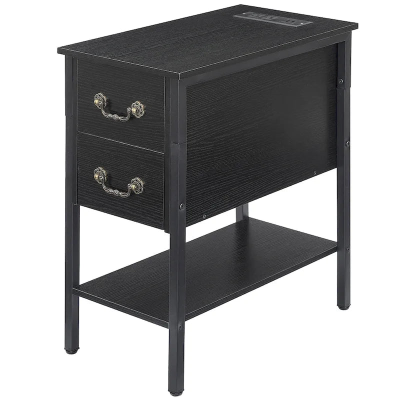 Table de chevet à 2 tiroirs avec station de charge, 2 ports USB, étagère ouverte, noire