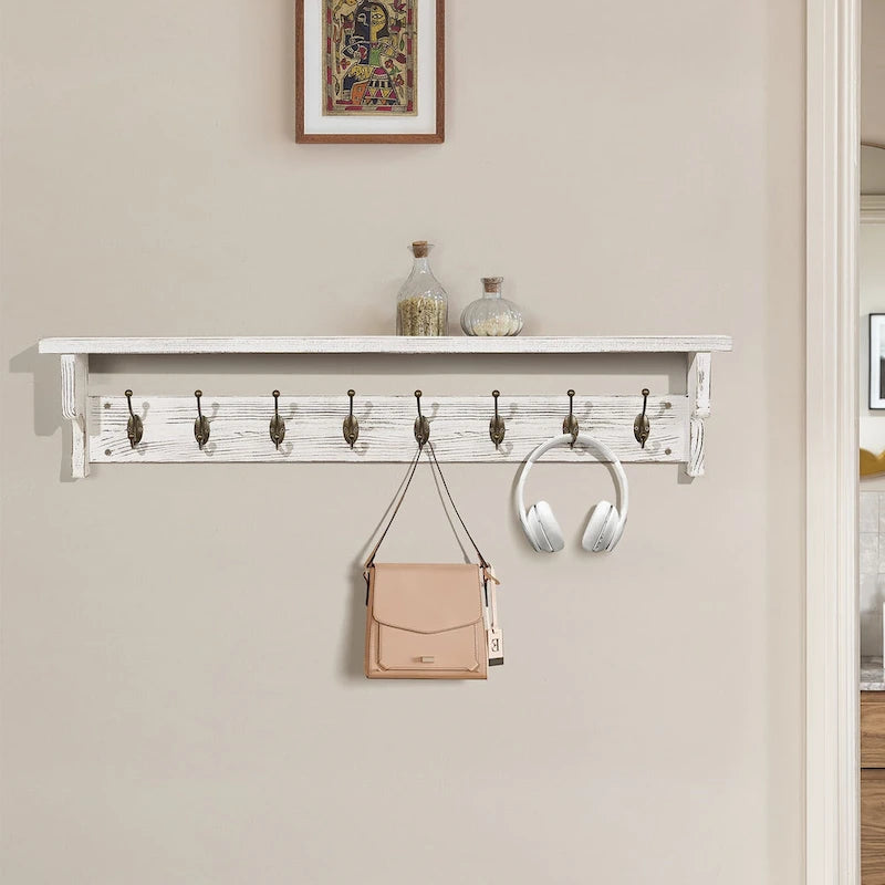 Porte-manteau mural avec étagère de rangement 8 crochets en métal Blanc rustique