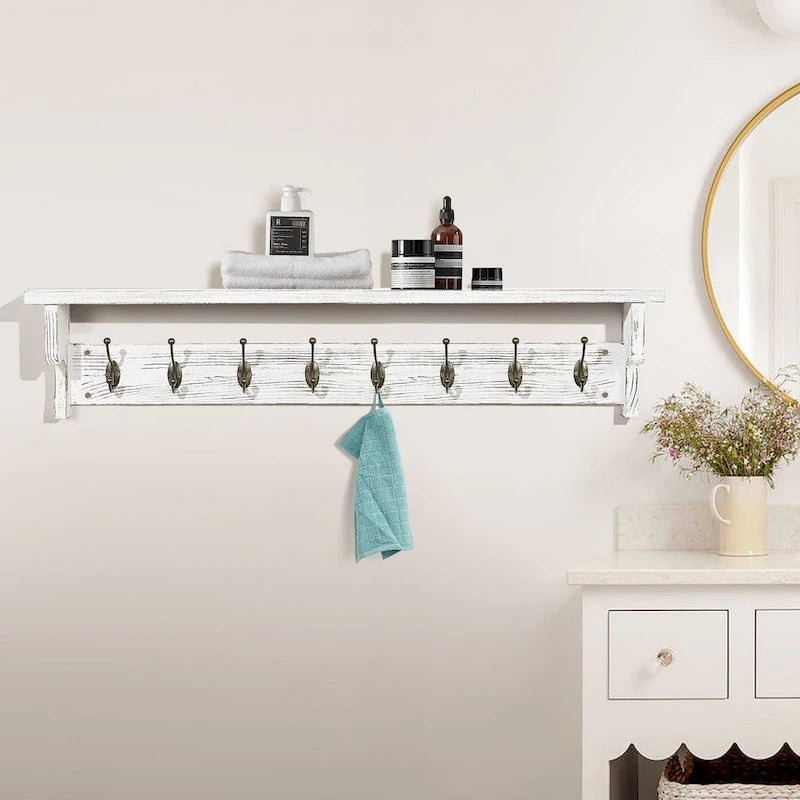 Porte-manteau mural avec étagère de rangement 8 crochets en métal Blanc rustique